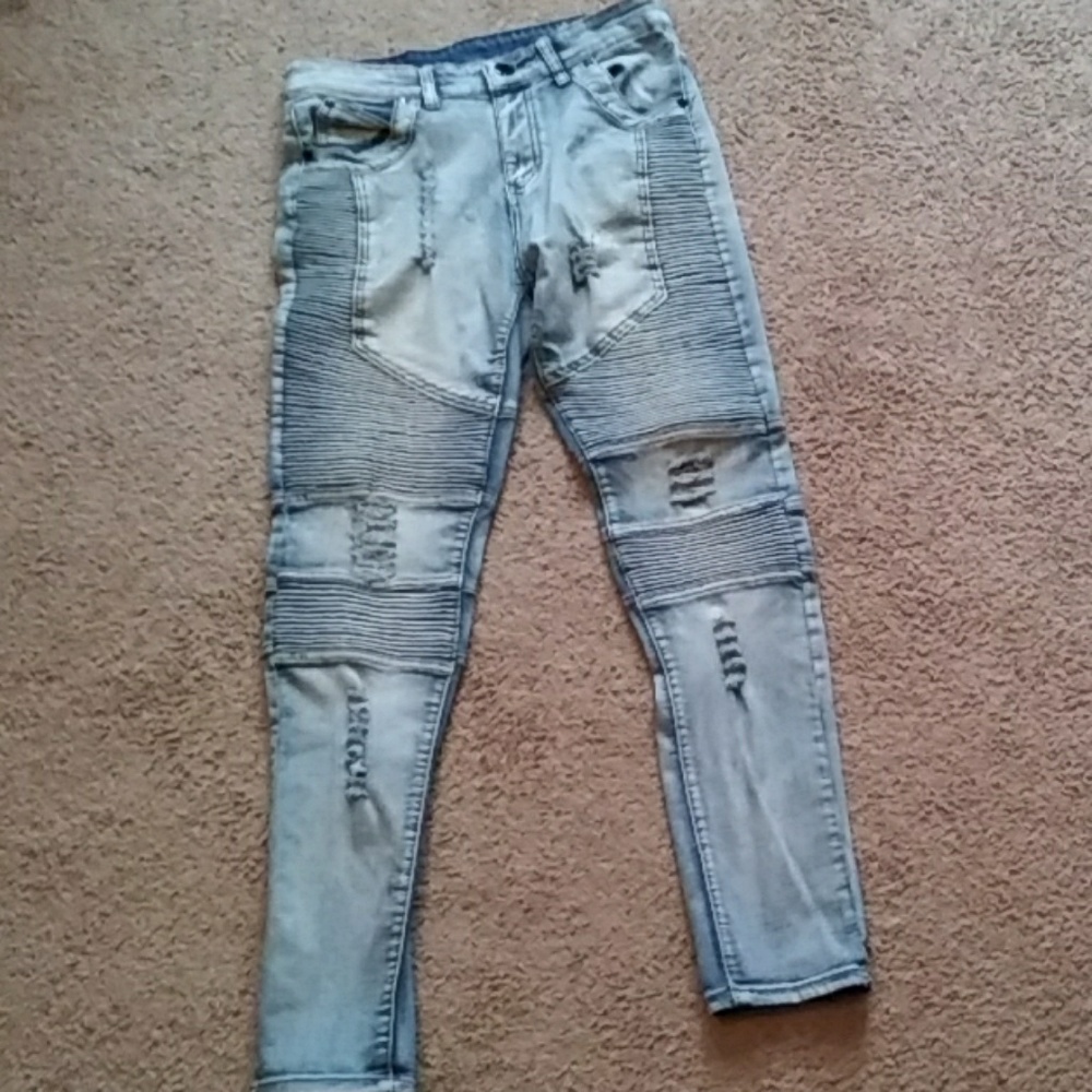 Light blue balmain style moto jeans